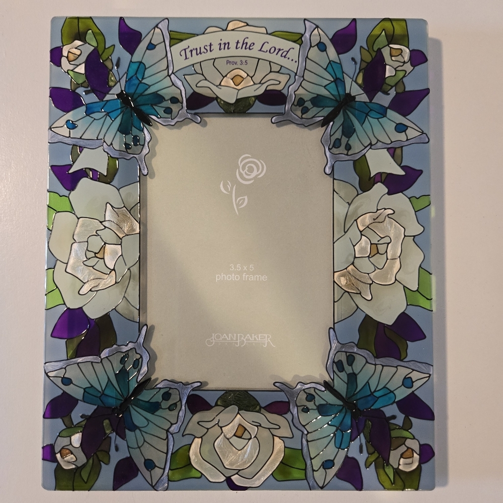 Stained Glass Picture Frame Flowers & Butterflies "Trust In The Lord" Prov. 3:5